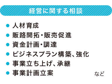 【経営に関する相談】 人材育成 販路開拓・販売促進 資金計画･調達 ビジネスプラン構築、強化 事業立ち上げ、承継 事業計画立案